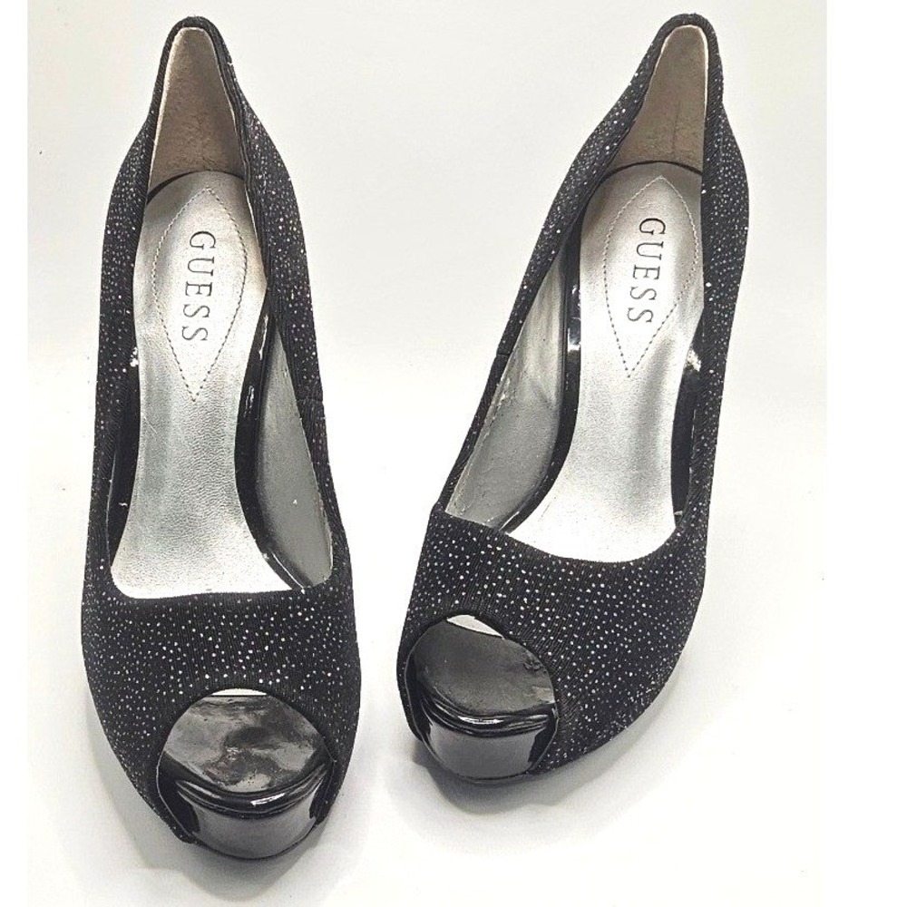 GUESS Y2K Peep Toe Platform Pumps 6.5M Black Glitter Stiletto Sparkly Heels
